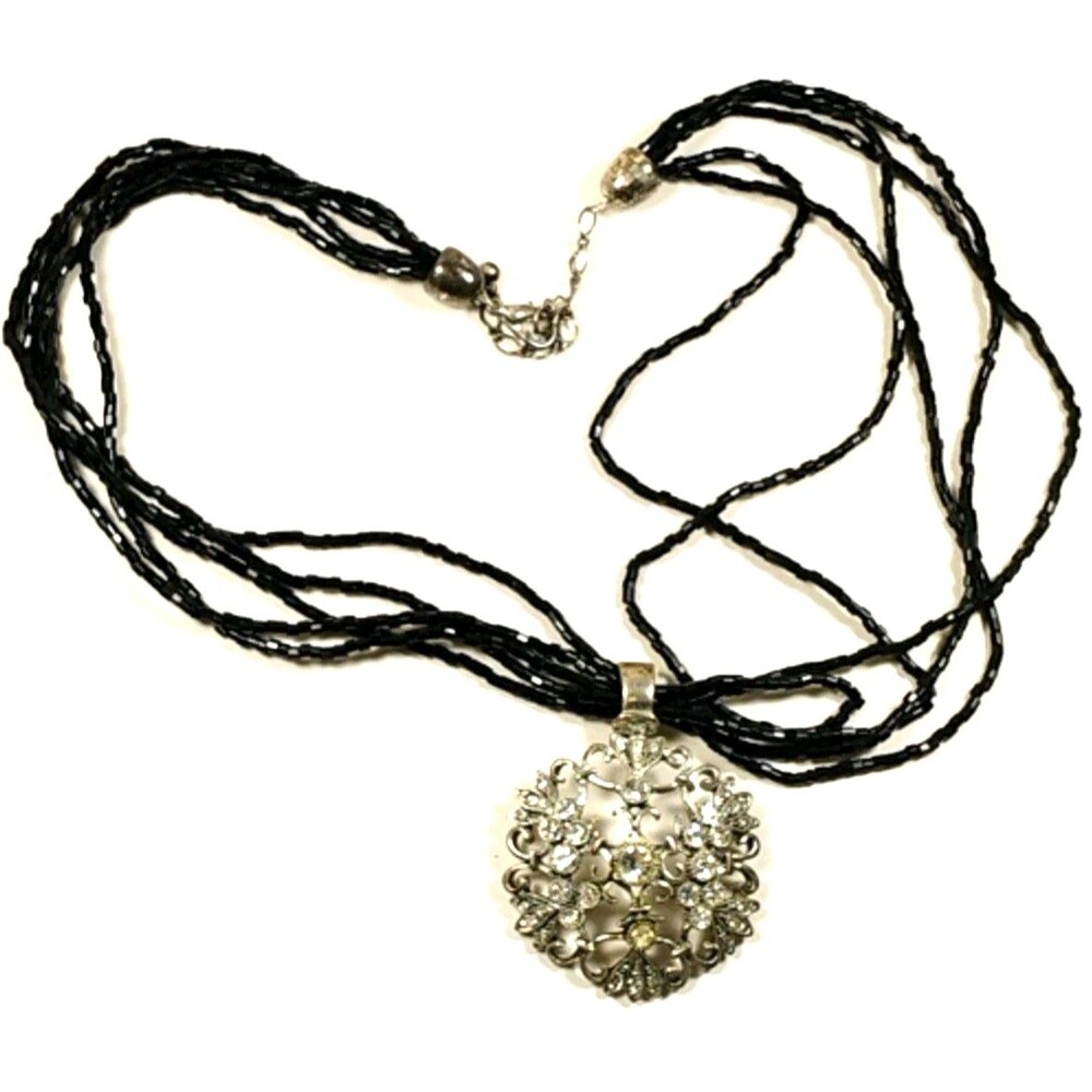 Black Beaded Multi-Strand Necklace with Ornate Silver Tone & Rhinestone Pendant
